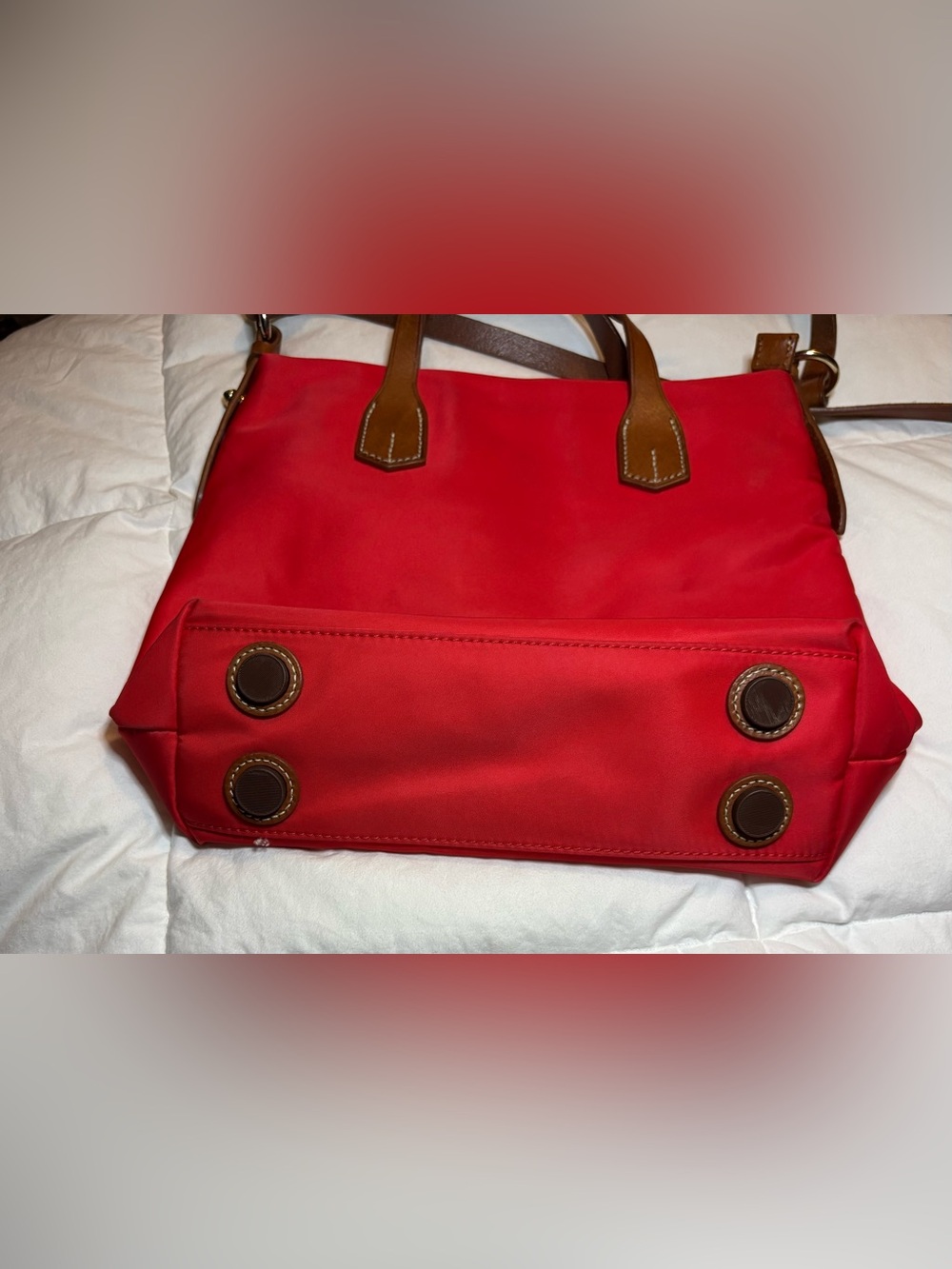 Dooney & Bourke Red Nylon Tote with Brown Leather Accents - Picture 3 of 4